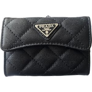 New Prada Black Quilted Pebbled  Leather Flap Wallet ID Coin Purse Zipper
